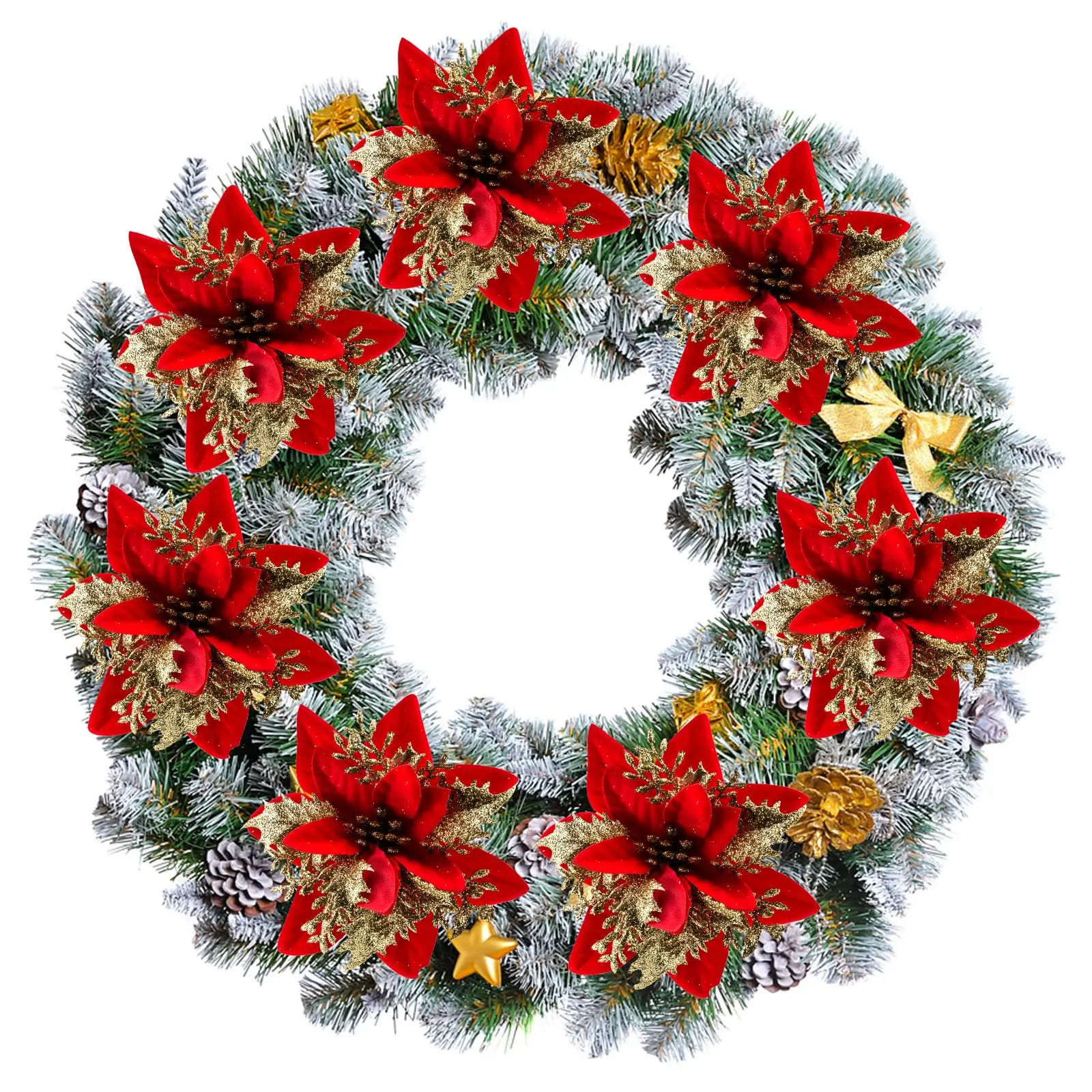 10 قطعة بريق البونسيتة الاصطناعية زهرة عيد الميلاد مع الجذعية كليب لشجرة عيد الميلاد ديكور ذاتي الصنع إكليل عطلة المنزل حفلة الحلي #5