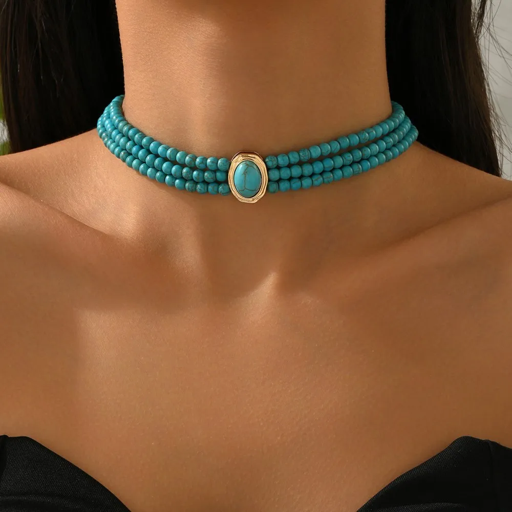 Simple Natural Stone Beads Necklace Multilayer Beading Choker for Women Short Strand Neck Chain Collar Jewelry