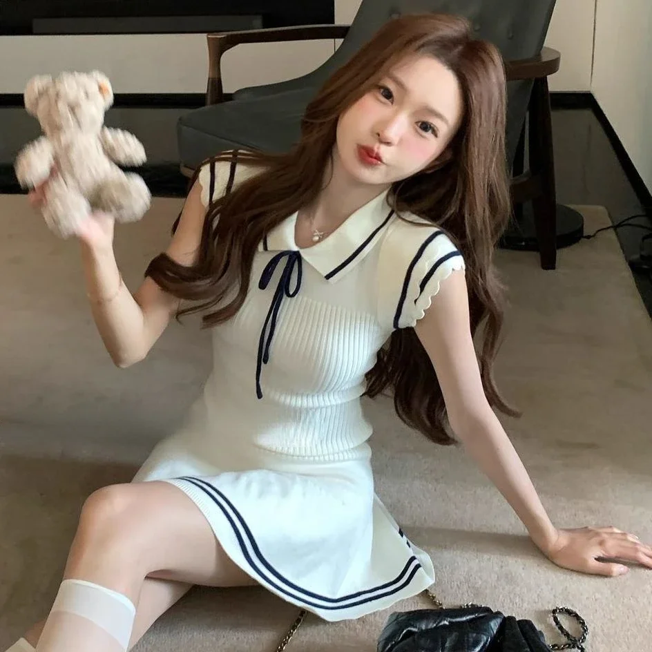 

Мини-платье с контрастными летящими рукавами для женщин, полосатые эластичные платья трапециевидной формы с оборками в консервативном стиле, Vestidos с высокой талией