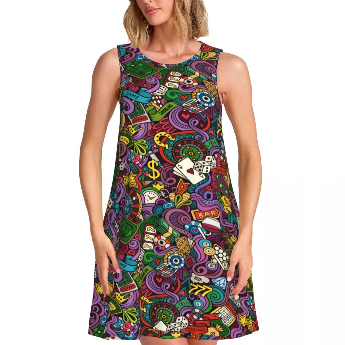 Colorful Vacation Dress Gambling Casino Pop Trendy Dresses Female Sleeveless Streetwear Tank Dress Summer Oversized Clothing