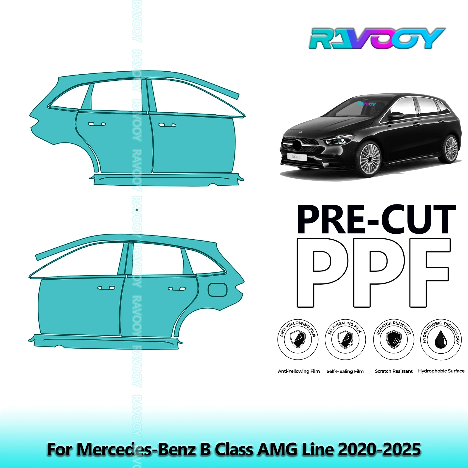 

For Mercedes-Benz B Class AMG Line 2020-2025 8.5mil Clear Matte Pre-Cut PPF Door & A/B Pillar Kit TPU Paint Protection Film Set