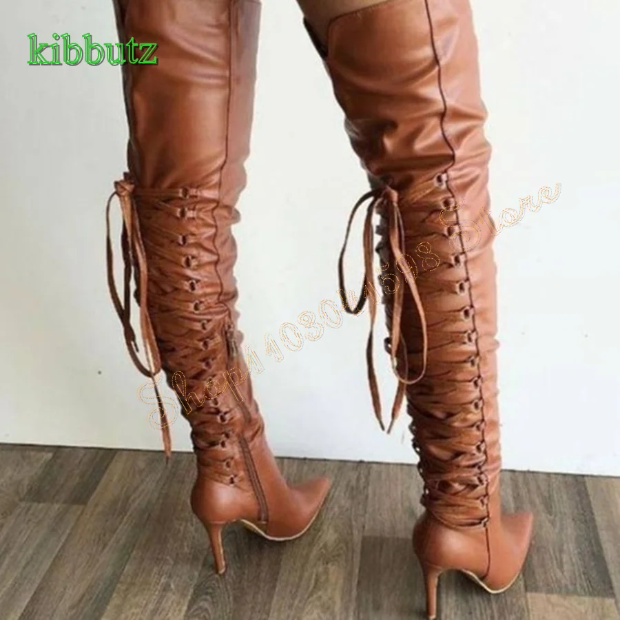 

Pointed Toe Leather Over The Knee Boots,Stiletto Strappy High Heel Boots Zipper Boots for Women 2024 New Zapatos Para Mujere