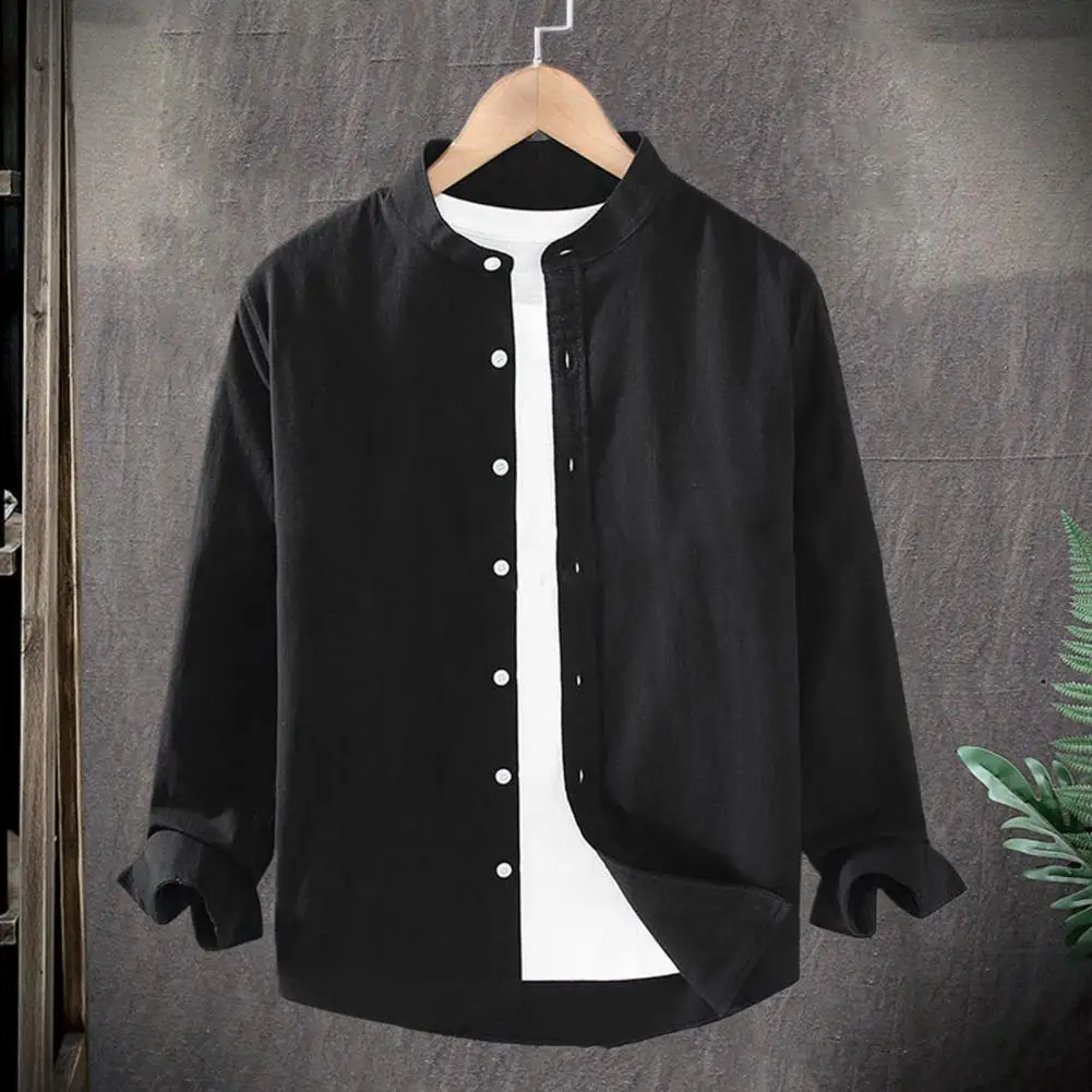 Men Cardigan Shirt Stylish Men's Stand Collar Cardigan Shirt Coat with Single-breasted Design Soft Casual Fabric Plus for Fall