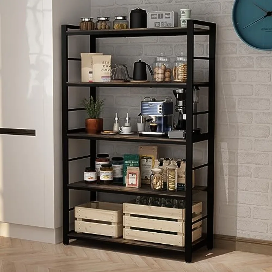 5-Tier Kitchen Bakers Rack with 5 Hooks Microwave Oven Stand with Shelves Multifunctional Storage Shelf in White for Kitchen Ba