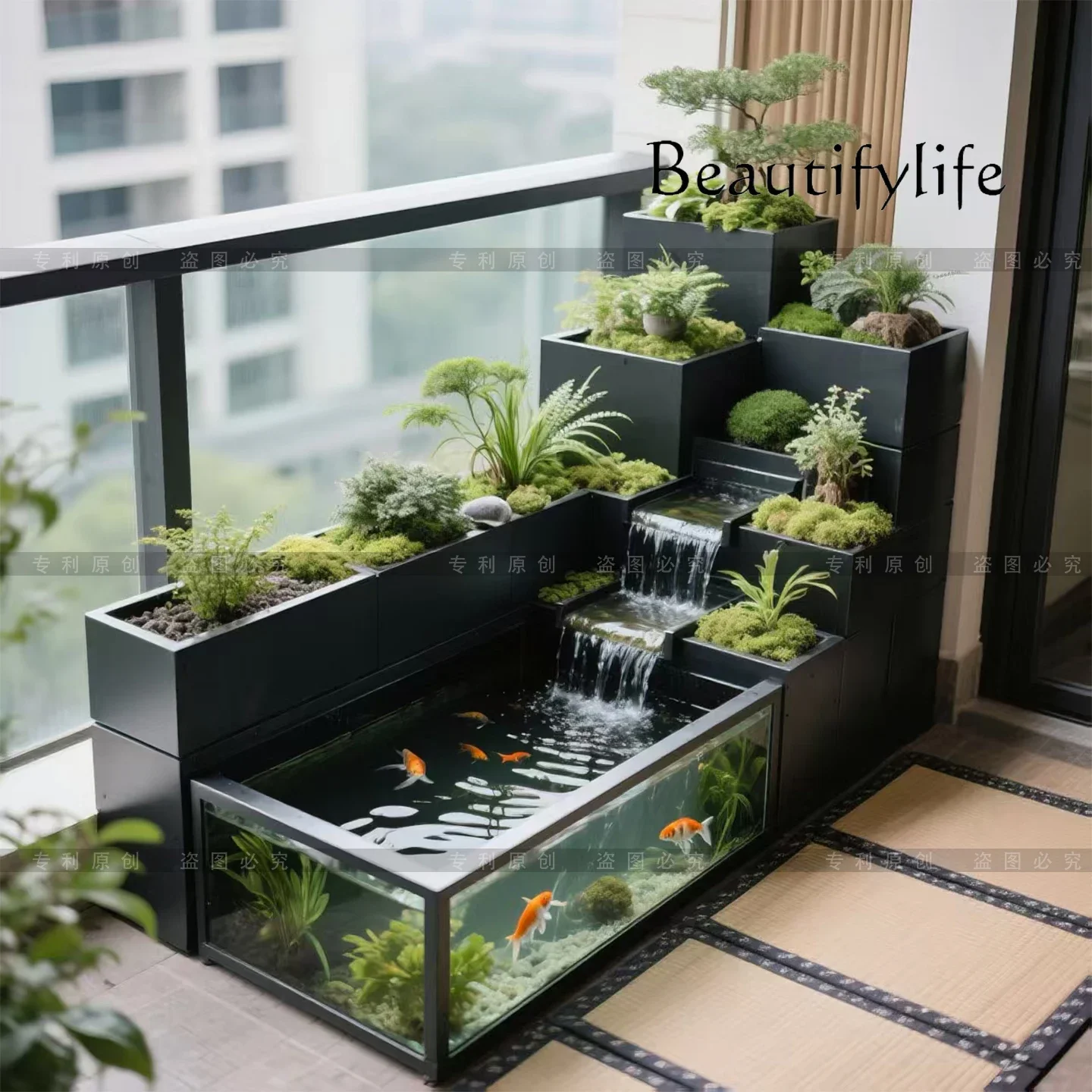 Balcony Creative Flowing Water Fish Tank Flower Box Metal Tempered Ultra White Glass Terrace Circulating Fish Pool Stainless Ste