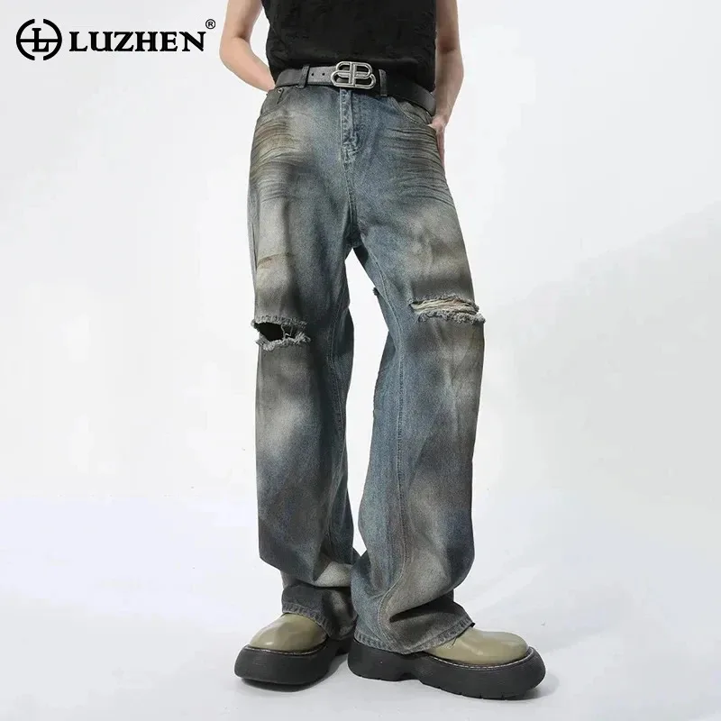 

LUZHEN High Street Tie-dyed Design Denim Pants Men 2024 Stylish Broken Hole Jeans Trendy Original Male Straight Trousers LZ3633