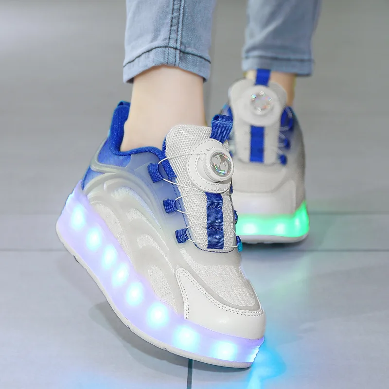 Patins de botão invisível para crianças, sapatos LED para meninos e meninas, sapato voador para estudantes, 4 rodas