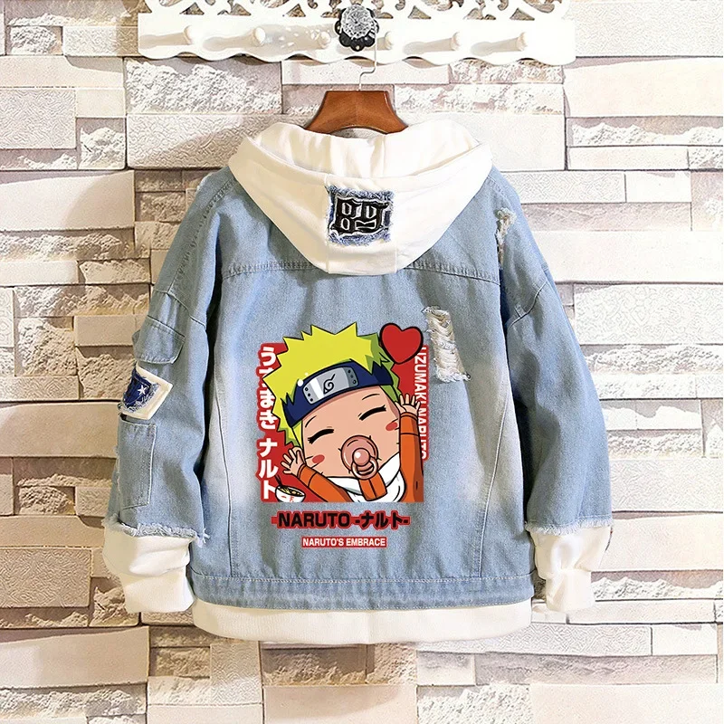 Anime Naruto Giacca bomber in denim Sasuke Felpa jeans con cappuccio Felpa con cappuccio cosplay con foro strappato unisex Giacca in denim a maniche lunghe regalo