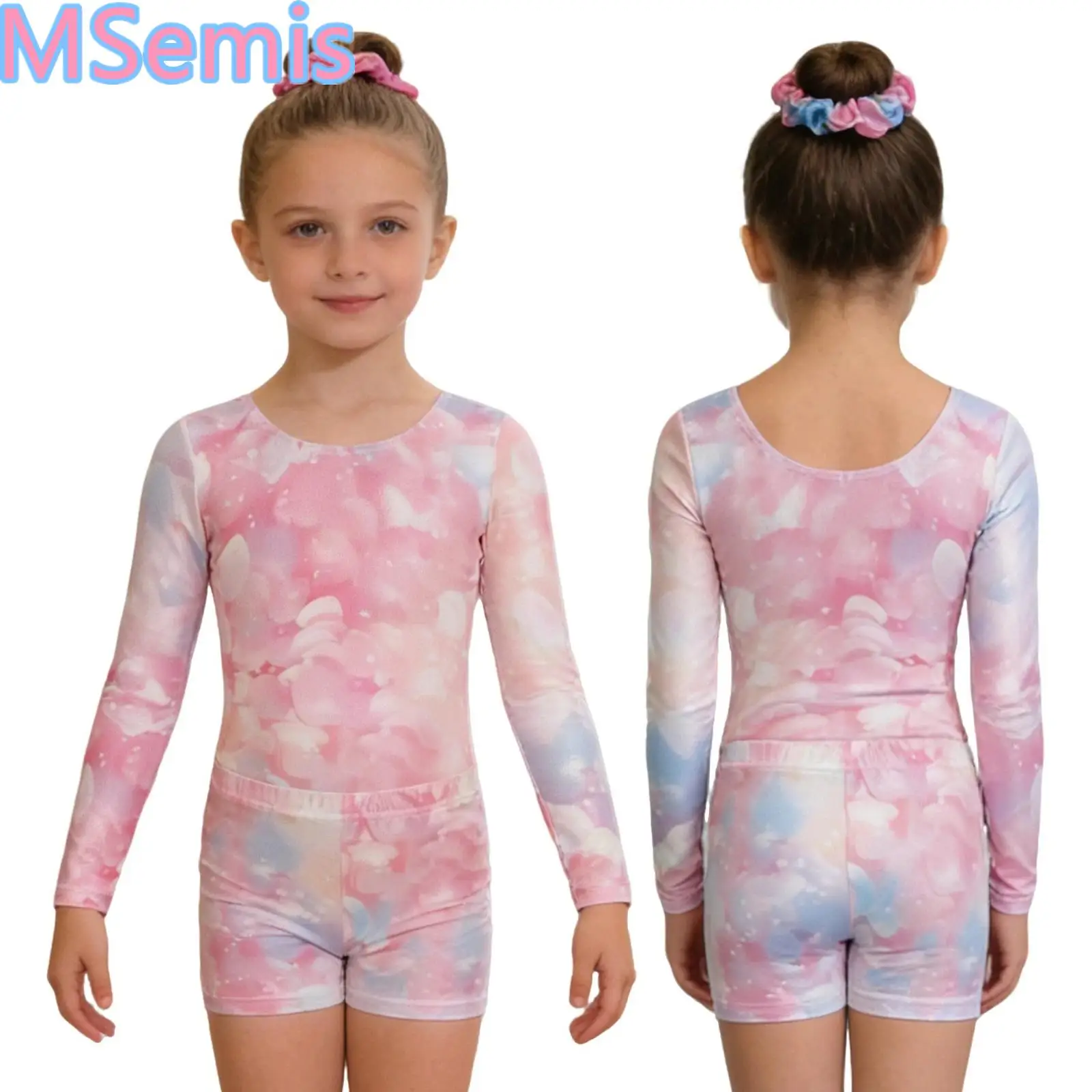 Kids Girls Printed Gymnastics Dance Outfit Long Sleeve Leotard Bodysuits with Shorts And Hairband for Performance Competition