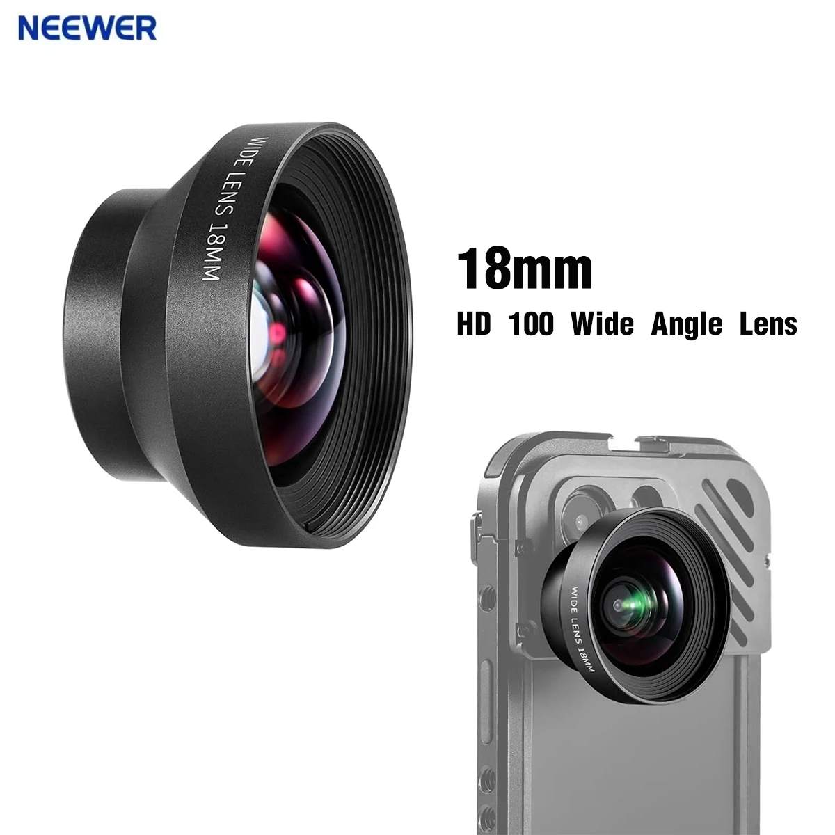 NEEWER HD 18mm 100 °   Obiettivo grandangolare per iPhone Samsung Phone Cage Rig con adattatore per obiettivo da 17 mm Ingrandimento 0,5X