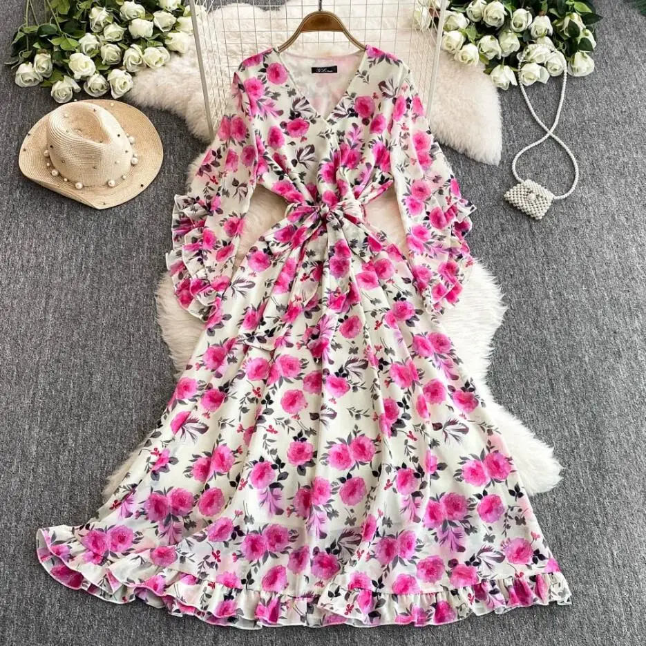 Boho scollo a V Abito lungo estivo da donna in chiffon con stampa floreale Chic casual fasciatura sottile vacanza al mare INS elegante abito a trapezio tunica