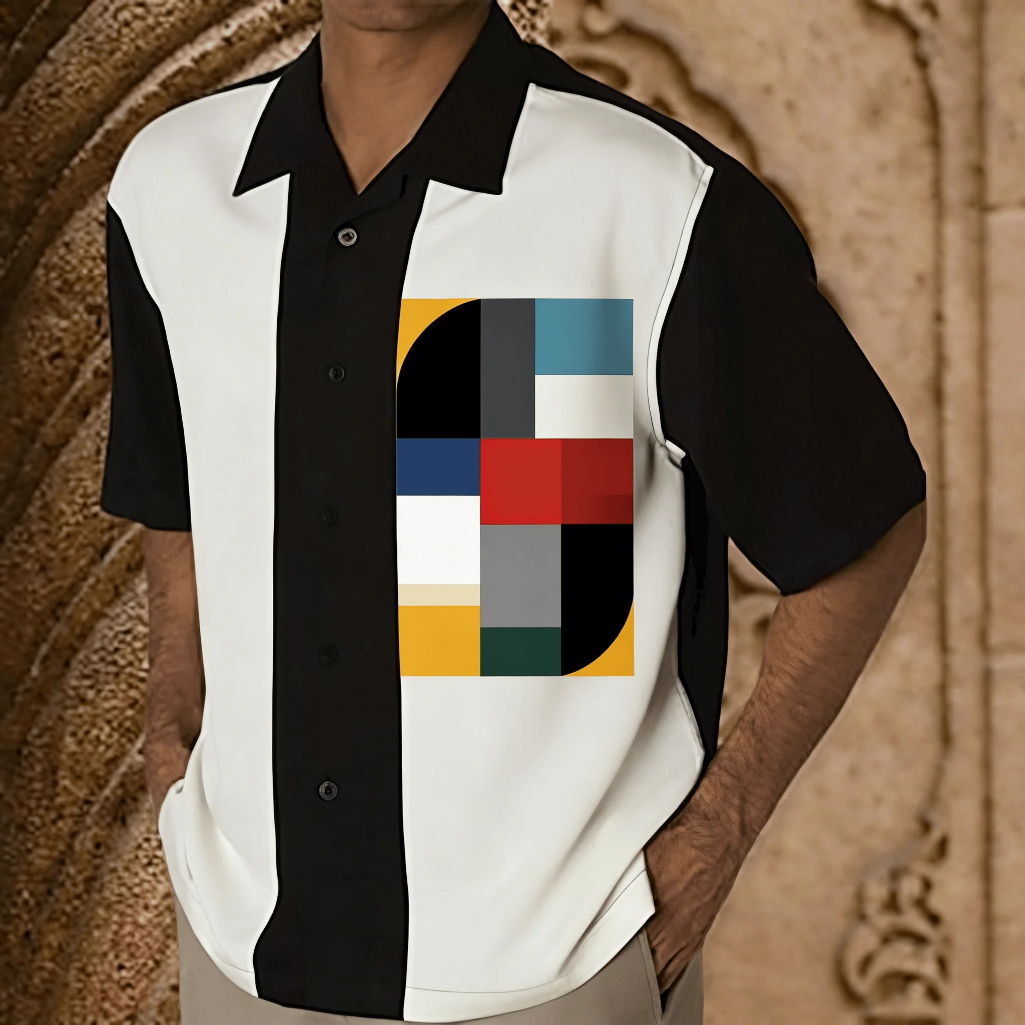 

Men's Retro Geometric Art Print Shirt, Black and White Color Block Short Sleeve Button Down Shirt for Spring Summer Streetwear