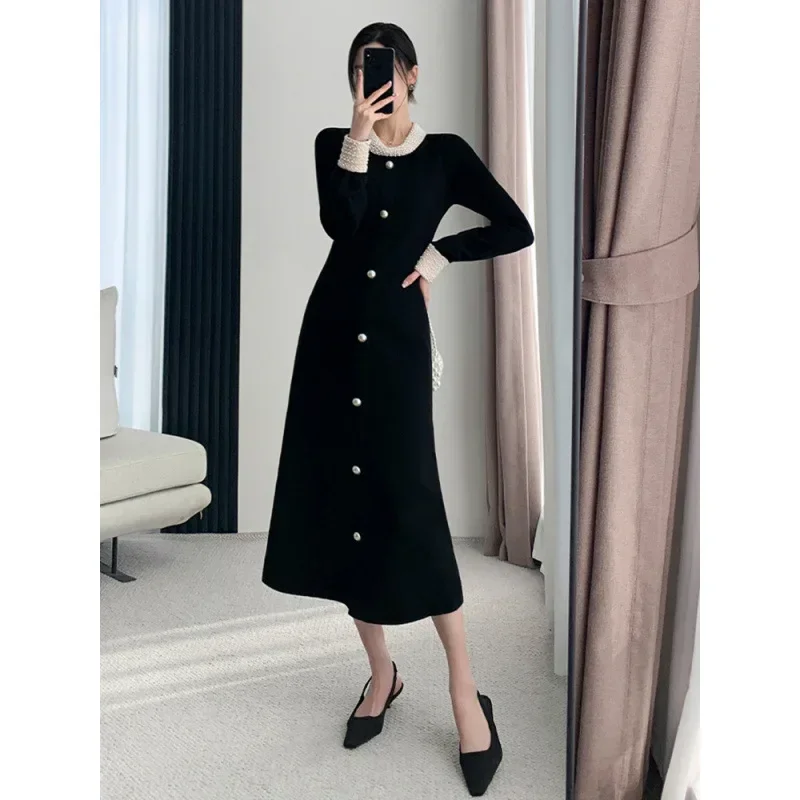 여성용 우아한 롱 스웨터, 원피스 사교계 스타일, 프렌치 시크 블랙 니트 원피스, 용수철 가을 신상