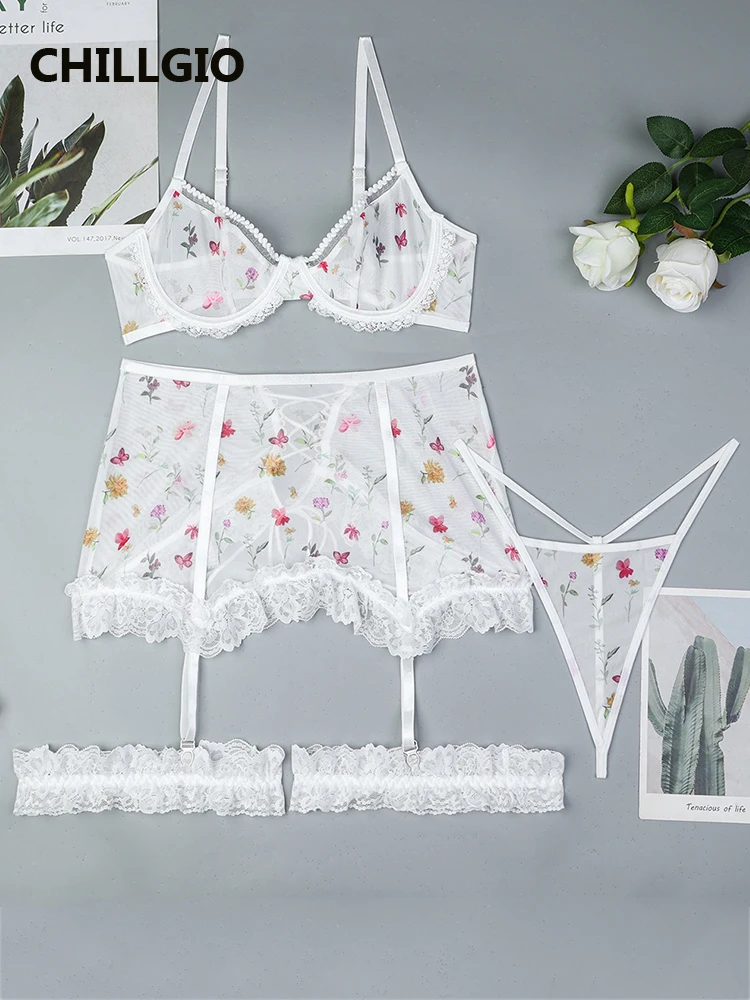 

CHILLGIO Floral Mesh Underwear Women Set Hotsweet Stretch Short Tight Skirt Lingеrie Set Erotic Body Underwear Panty 4 Piece Set