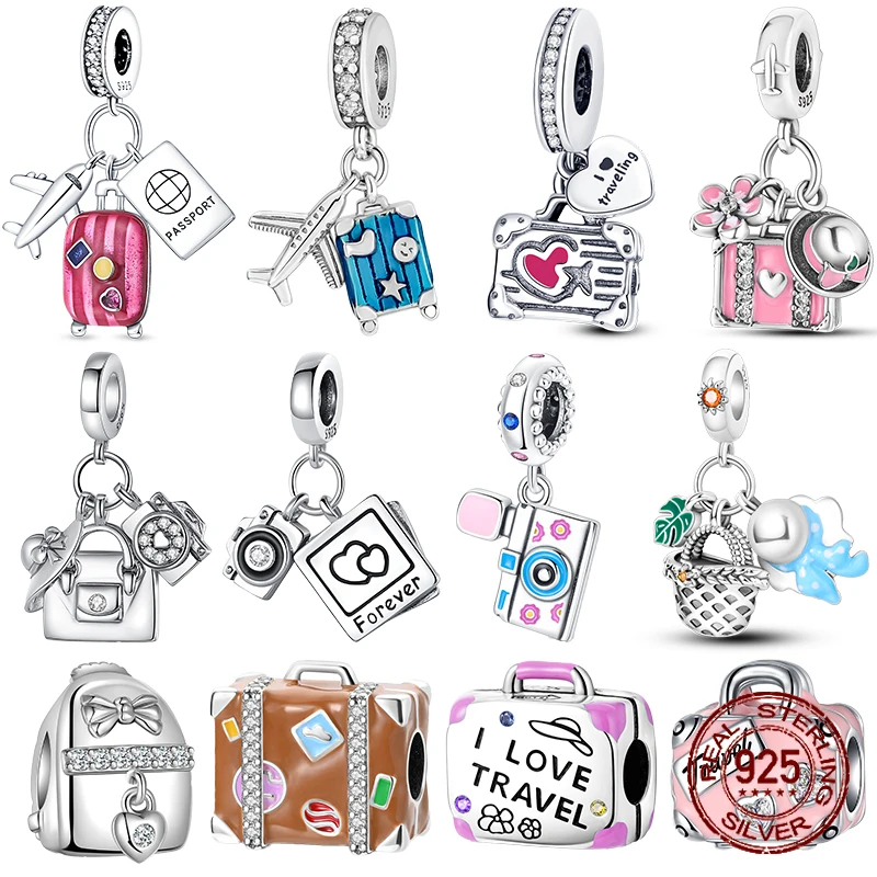 

925 Sterling Silver Travel theme suitcase camera bag pendant Beads Charms Fit Original Pandora Bracelets Women DIY Jewelry Gift