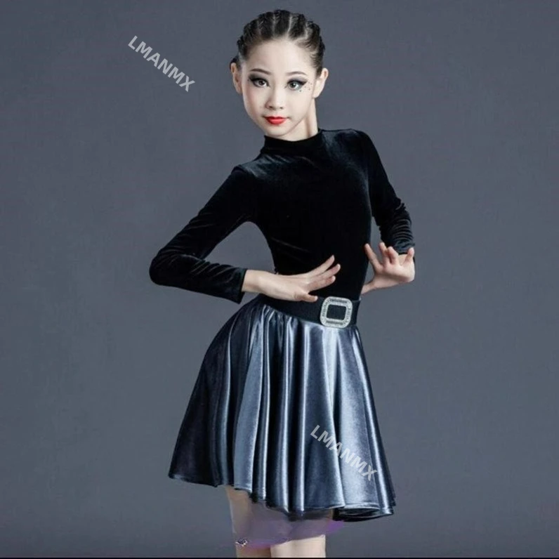 Traje de dança latina infantil, traje de dança para meninas, desempenho de competição de prática infantil, saia de dança latina, top dividido