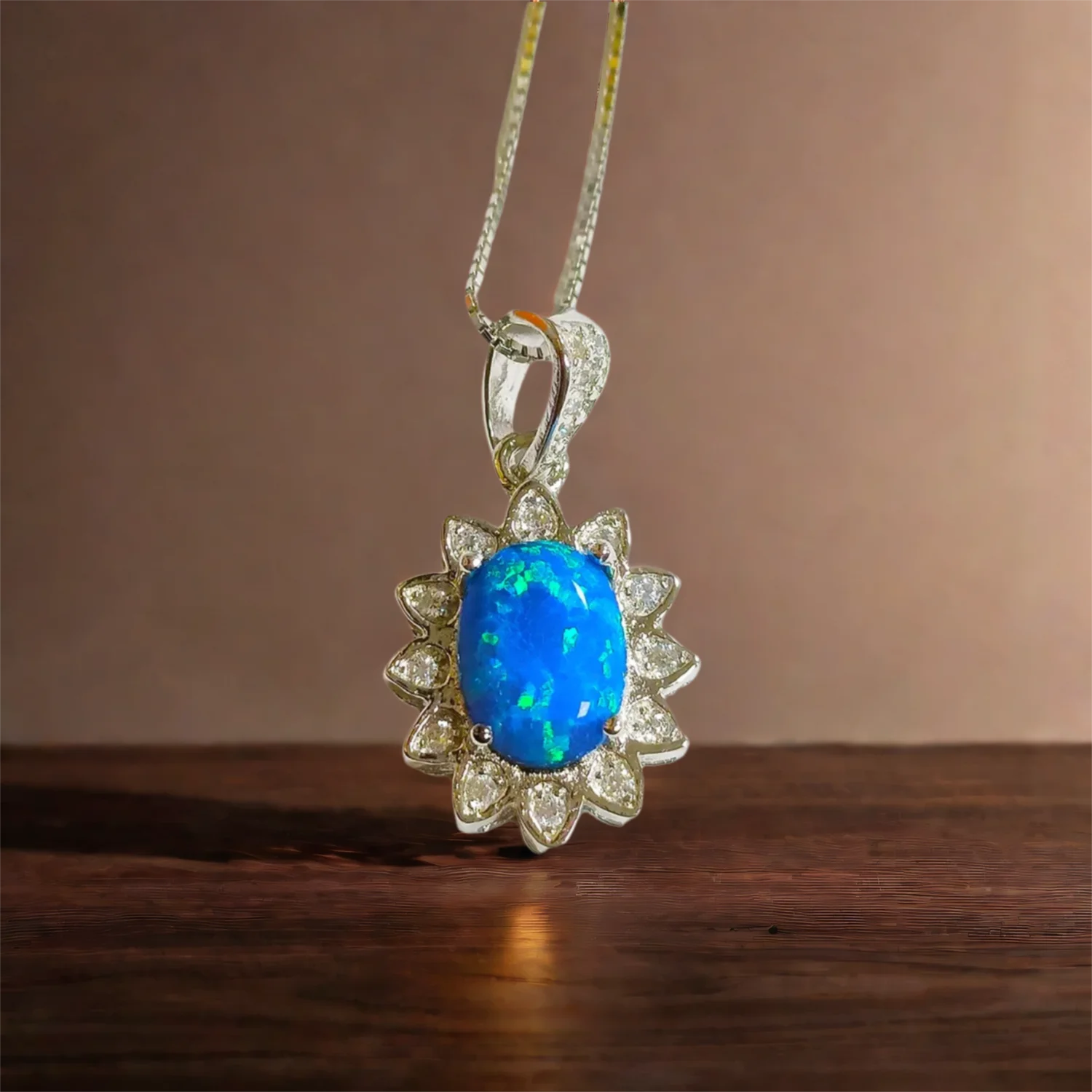 

Sterling Silver Daisy Pendant for Ladies Blue Fire Opal Pendant for Jewelry Making