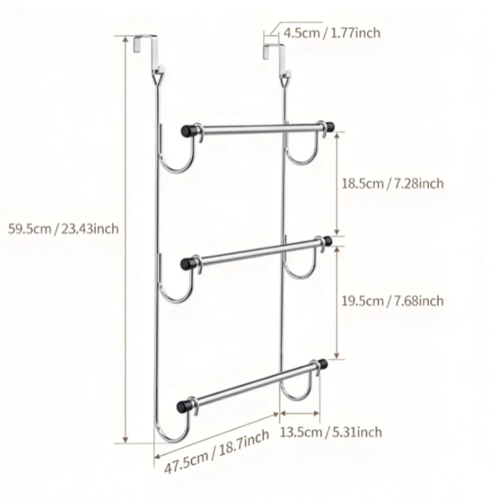 3 Shelf Over Door Towel Holder Chrome Metal Frame 47.5cm Door Width Compatibility for Bathroom Towel Organization