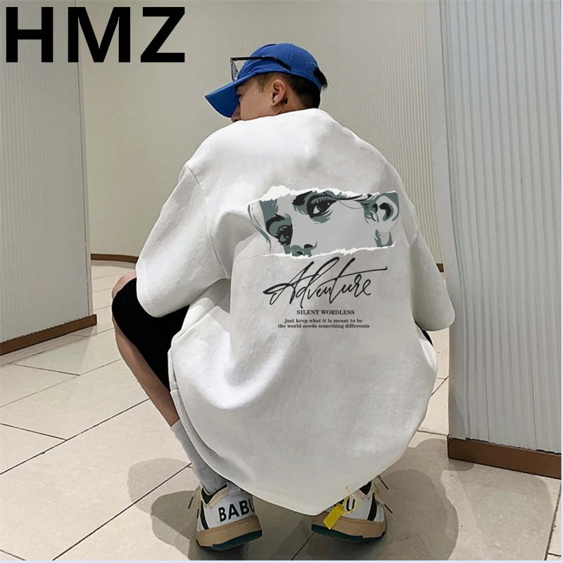 HMZ Summer Oversized Men T-Shirt 100% Cotton Loose Printed Tee Casual Men Fashion Tshirt Classic Comics Tops Casual Street Tees