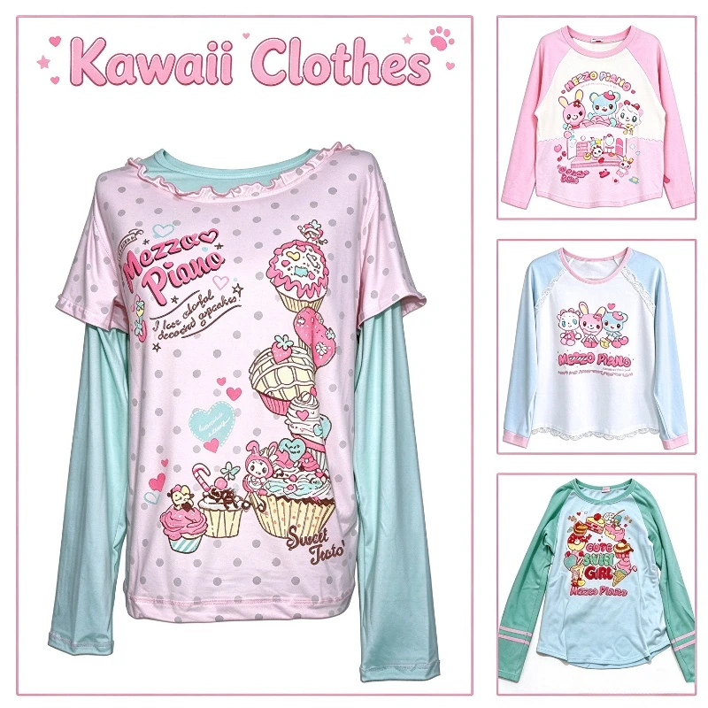 Autumn Sweet Cute Cartoon Polka Dot Print T-shirt Women Japanes Kawaii Casual Loose Graphic Tees Y2k Aesthetic Fashion Tops New