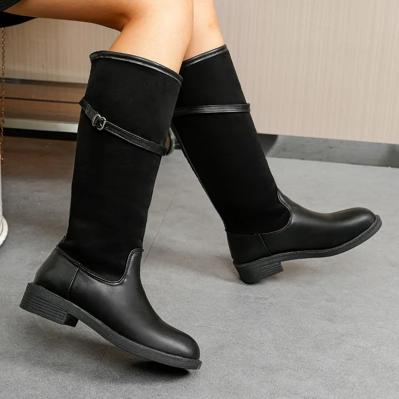 Retro Style Belt Buckle Spliced Western Knight Boots Skinny Chunky Heel No Knee Women's Shoes
