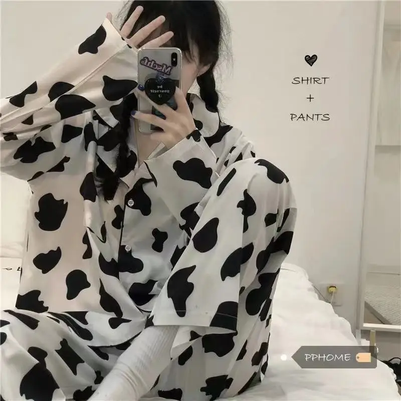 Women\'s Spring 2 Pcs Pajamas Set Female Cute Cartoon Home Suit Autumn Comfortable Plaid Print Long Sleeves Tops Pants Loungewear