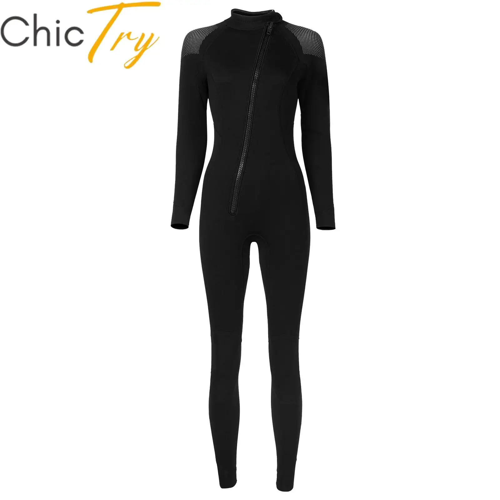 

Womens 3mm Neoprene One-Piece Thermal Wetsuit Mock Neck Long Sleeve Rash Guard Jumpsuit for Swimming Surfing Snorkeling Diving