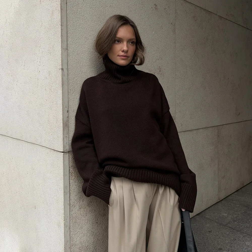 Solid High Neck Knit Sweater Drop Shoulder Ribbed Cuff Oversized Loose Warm Long Sleeve Women Pullover Winter Autumn 202606H