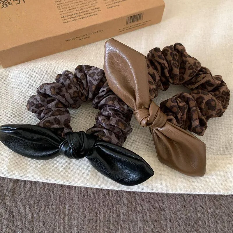 Retro Leopard Print Scrunchie, Faux Leather Bow Hair Tie, High Elastic Ponytail Bun Hair Rope for Women