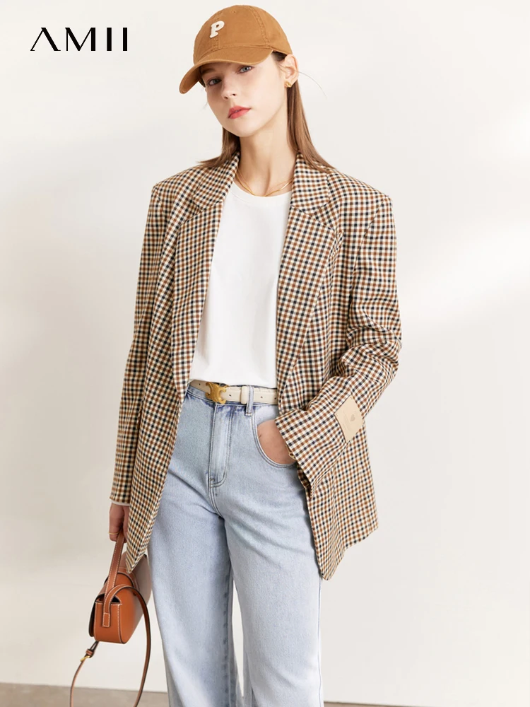 AMII-Blazer Minimaliste pour Femme, Veste Simple, Manteau Vintage, Plaid Initiated Pad, Tendance Printemps Niche, 2023, 12240023