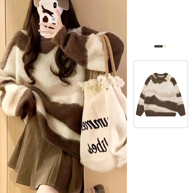 Loose Japan Style Vintage Fashion Lazy Patchwork Panelled Striped Sweater Women Autumn O-Neck Long Sleeve Screw Thread Knit Top