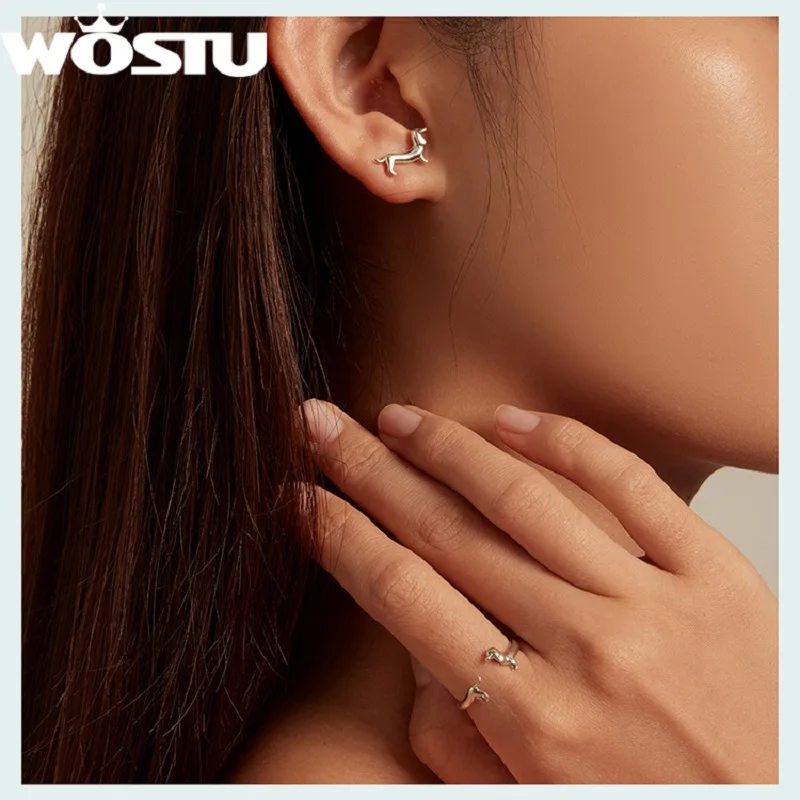 WOSTU 925 Sterling Silver Dachshund Dog Rings Adjustable Cut Animal Open Ring for Women Original Fine Jewelry Christmas Gift