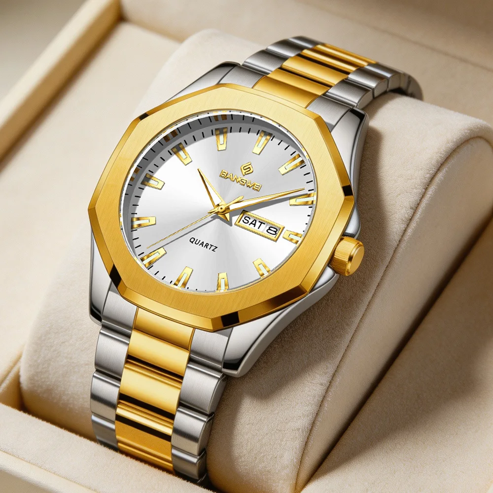 BANGWEI Luxury Men Watch Business Fashion Golden Green Stainless Steel Strap Quartz Watch For Men Date Week Clock+Box