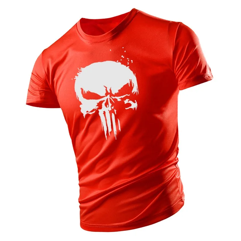 New Handsome Skull Pattern Muscular Men T-shirt Sports Tough Guy Style Outdoor Light And Thin Summer Breathable Stretch Top