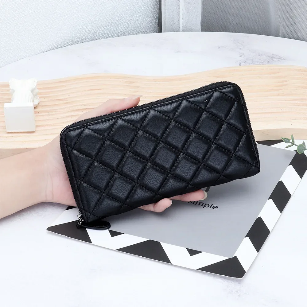 Leather purse Women's long large capacity fashion sheepskin embroidered diamond check zipper wallet mobile phone bag