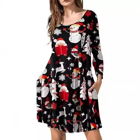 Women’s Casual Trendy Halloween Printed O-neck Long Sleeve Above Knee Length Dresses Autumn Winter New Fashion Female Clothes