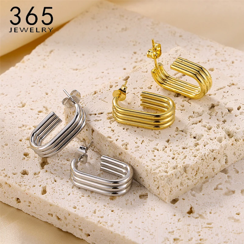 365 Geometric U-Shape Triple Layer Hoop Stainless Steel Gold Color Earring for Women Minimalist Trendy Accessory Party Jewelry