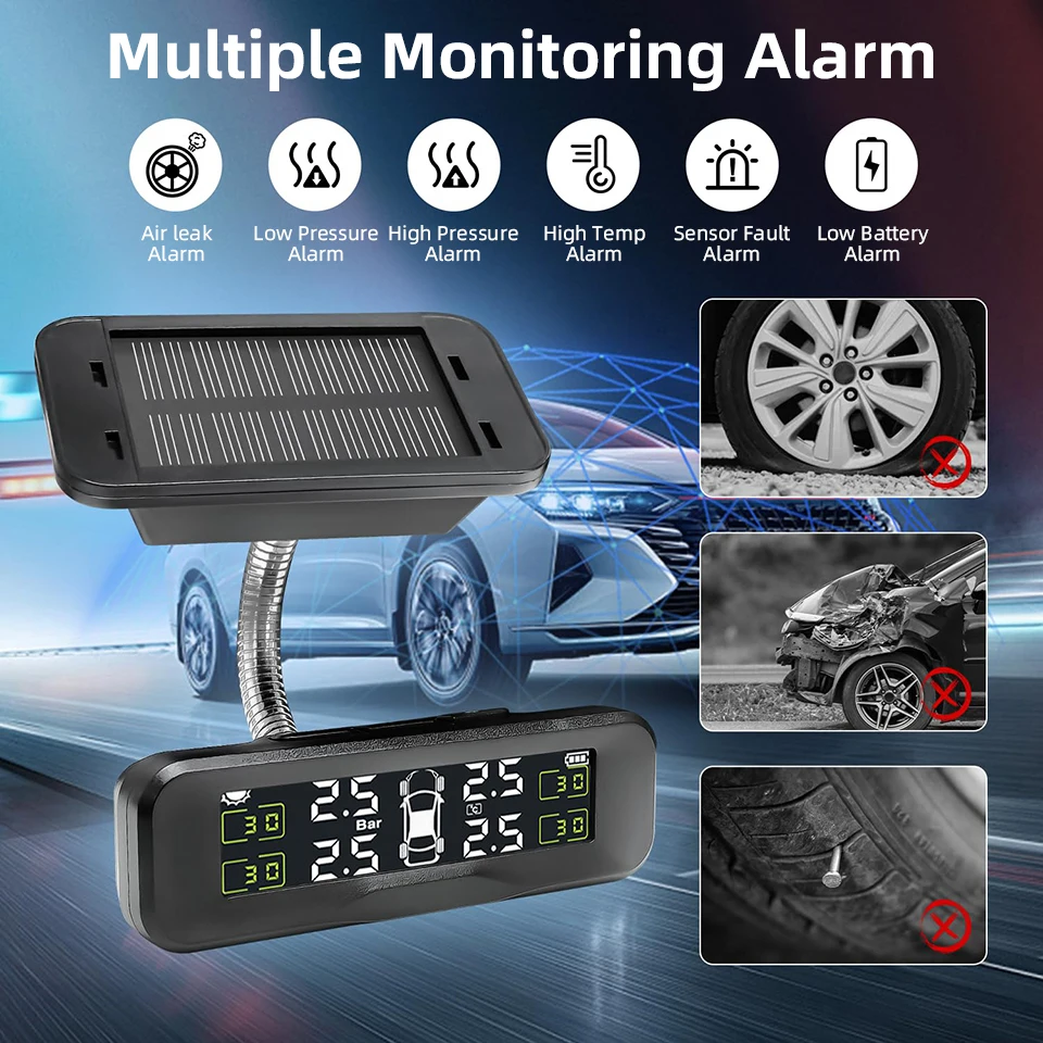 Tire Pressure Monitoring System Wireless Solar TPMS Colorful Display Install on Windshield 4 Sensors Real-Time Alerts