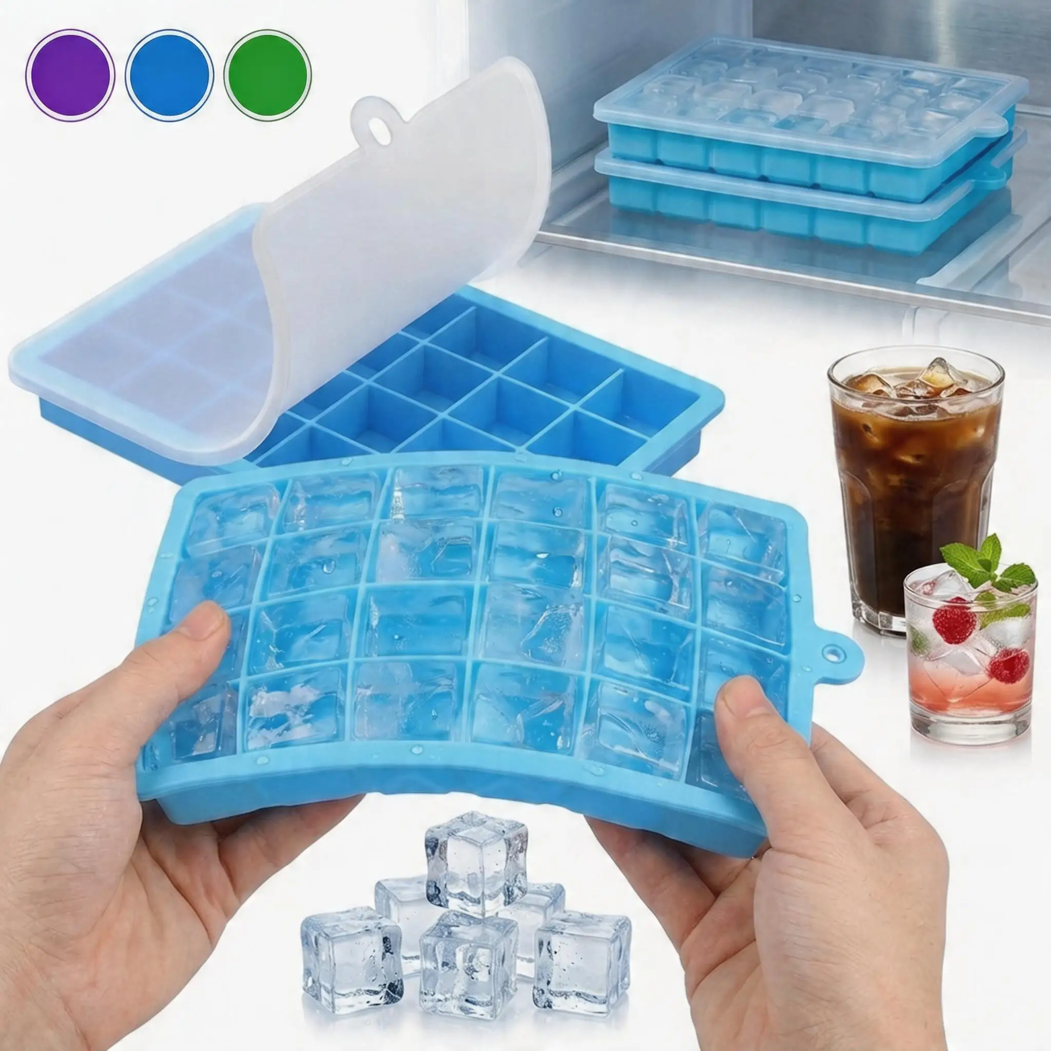 24-Loch-Silikon-Eiswürfelformen, quadratische Eiswürfelform und BPA-frei, für Cocktails, Whiskey, stapelbare, flexible Eiswürfelbereiter für Babynahrung