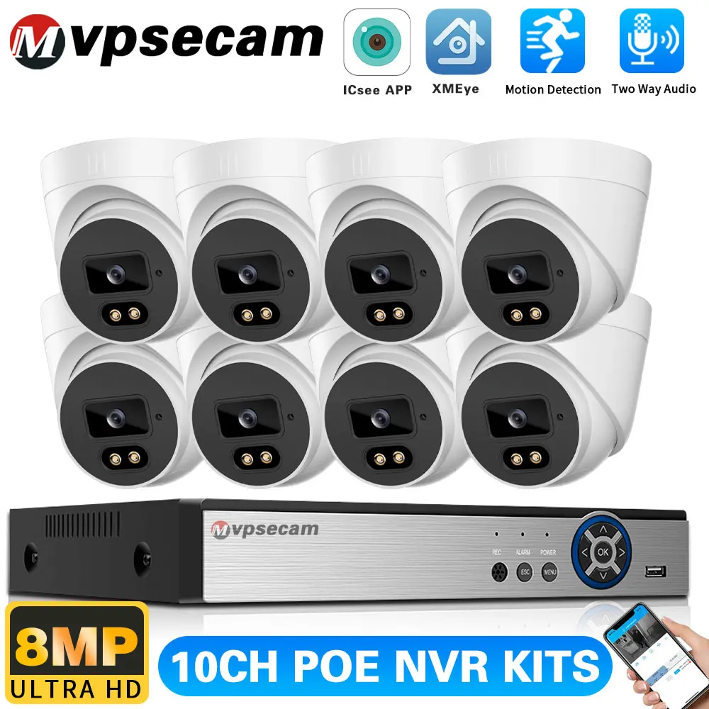 

10-канальный NVR POE комплект безопасности 4K/8MP цветная камера ночного видения наружное наблюдение и двусторонняя аудиокамера видеонаблюдения