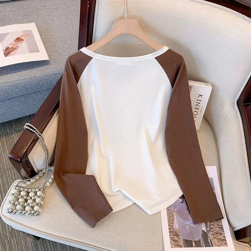 زر التباين المرقعة كم طويل بلايز عادية ربيع الخريف جديد الخامس الرقبة فضفاضة كسول نمط تي شيرت موضة الاتجاه ملابس حريمي