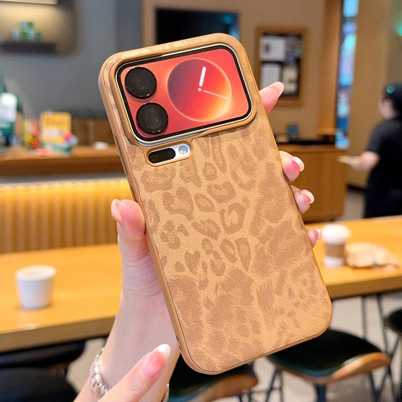 Para Xiaomi 15 Pro 17 Pro Max 17AiR Funda de teléfono de cuero con estampado de leopardo lente de orificio fino parachoques cubierta protectora completa marrón