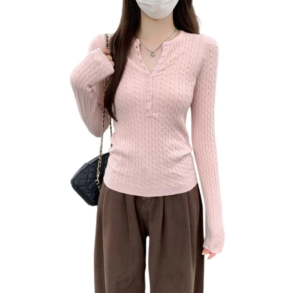 Women's Long Sleeve Fitted Knit for top Cable Pattern Henley Neck Polyester Fabric for Summer Beach Vacation Cycling
