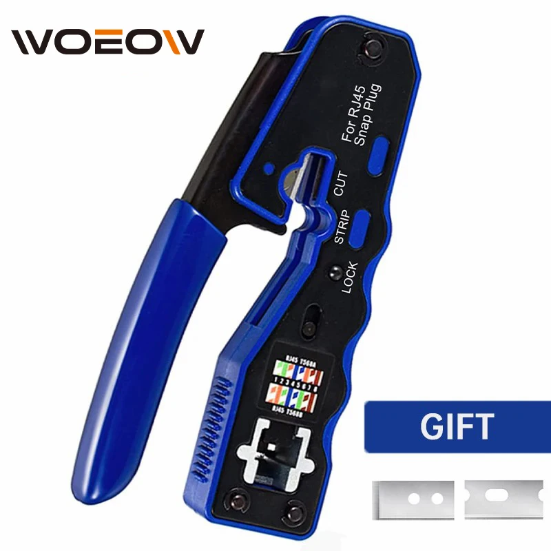 WoeoW RJ45 Crimp Tool Pass Through Crimper Cutter for Cat6a Cat6 Cat5 Cat5e 8P8C Modular Connector Ethernet Crimp Tool