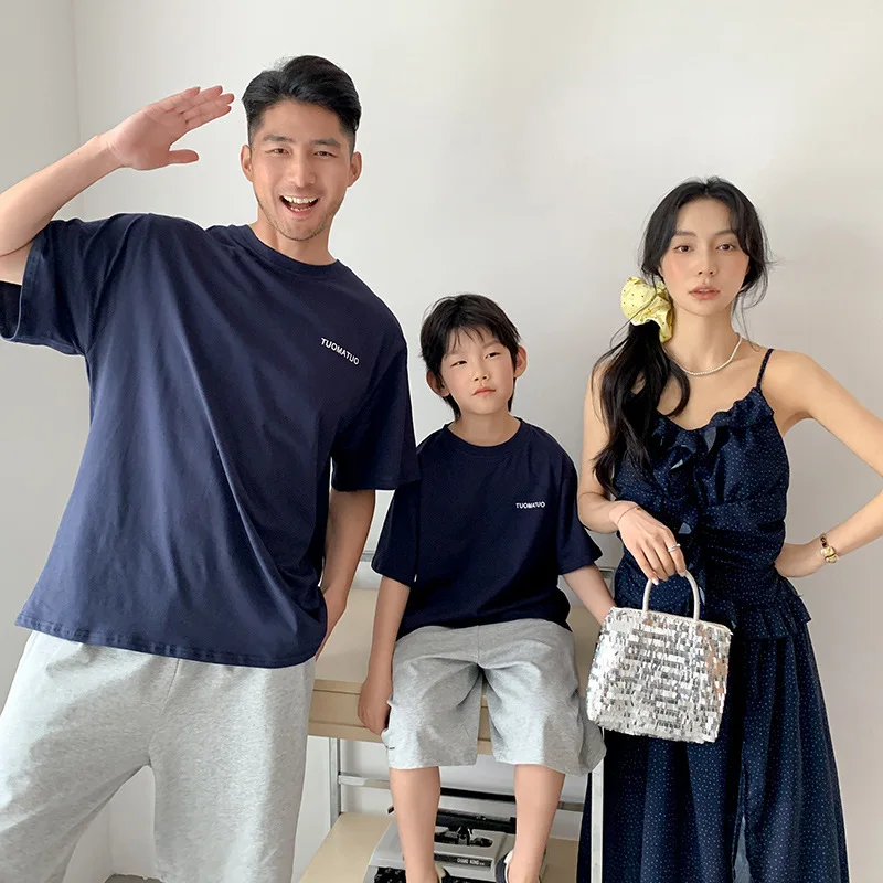 2026 Summer Family Matching Outfits Navy Blue Polka Dot Cami Midi Dress & T-Shirt Set For Mom Dad Kids Beach Vacation Wear 3