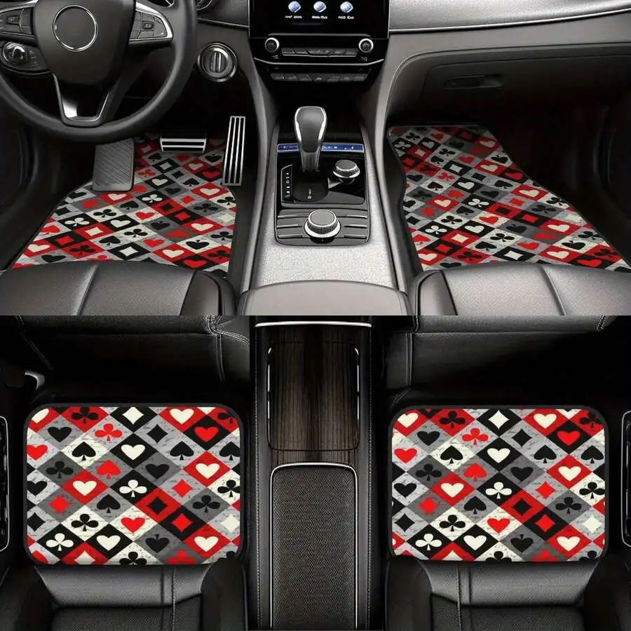 4pcs Card Symbols Pattern Car Floor Mats - Stylish & Durable, Stain-Resistant, Anti-Slip, Easy Clean, Universal Fit For All