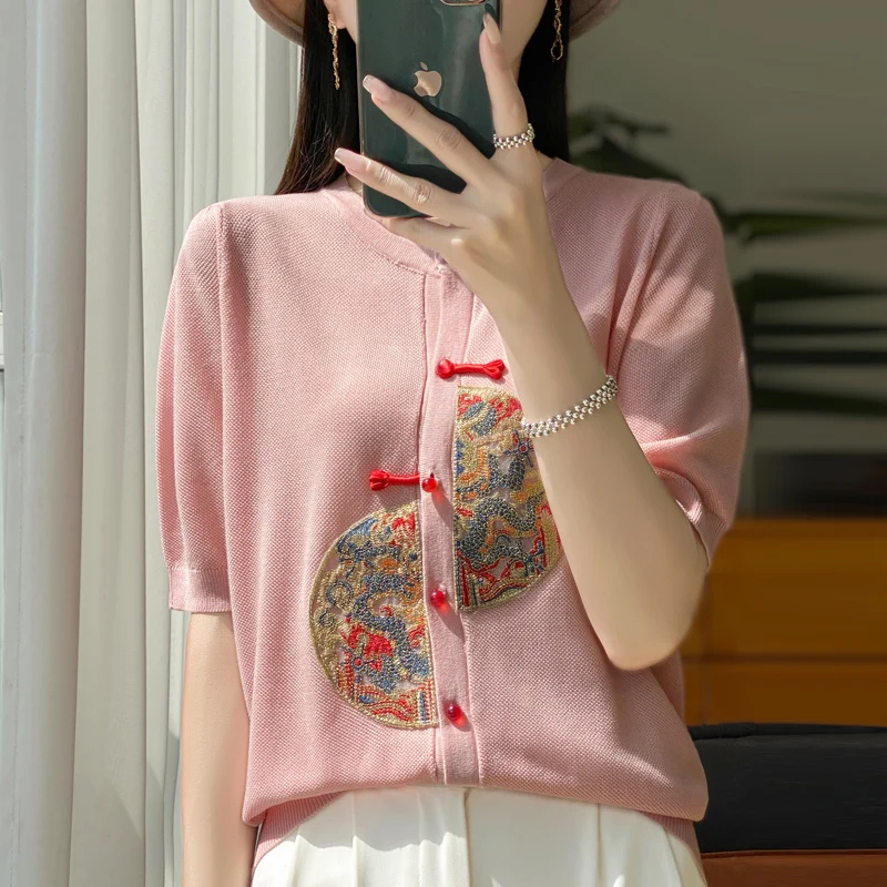 

New women's Chinese style national style shirt short sleeve T-shirt embroidered western-style blouse Joker bottoming shirt woman