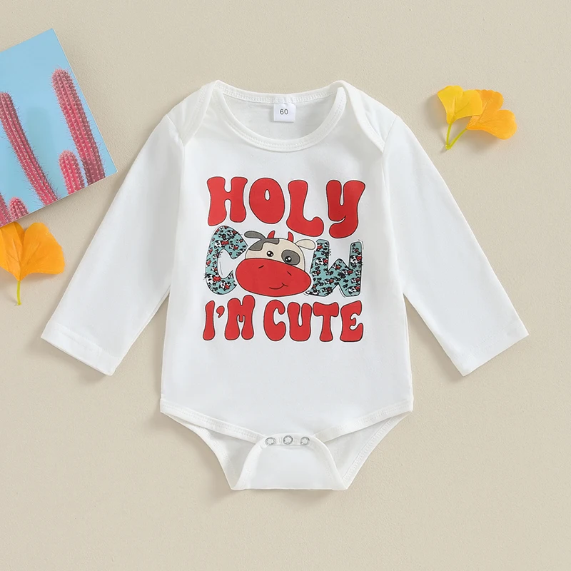 

Baby Romper, Long Sleeve Crew Neck Letters Cow Print Fall Bodysuit Clothes for Girls Boys