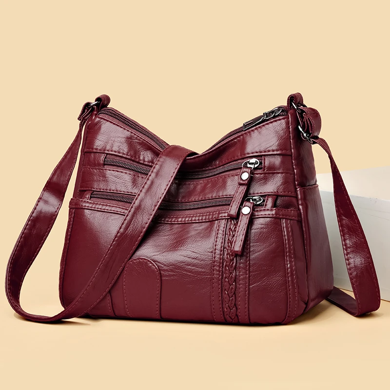 Women's Crossbody Bags Soft Leather Casual Shoulder Bag Female Washed Winter Messenger Bag Multi-Pocket Mother Bags