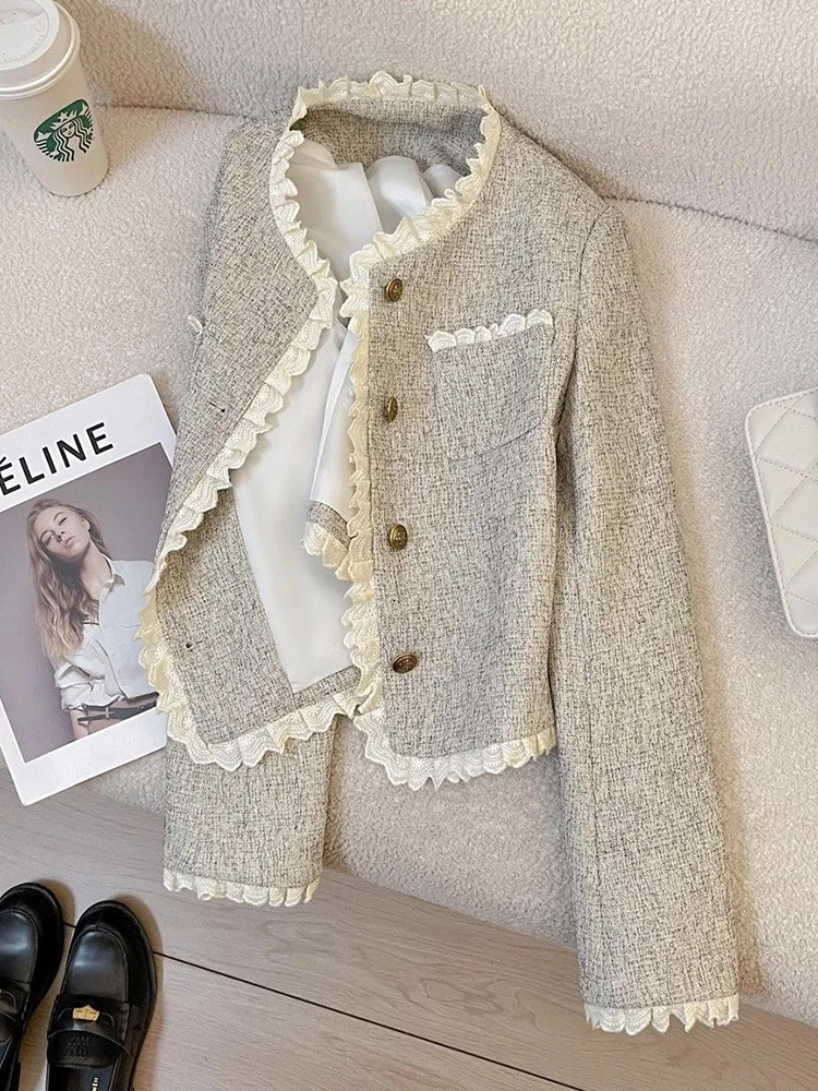 Elegant Sweet Tweed Jacket Women Slim Vintage Lace Patchwork O Neck Short Coats Retro Casual Korean Female Fall Winter Outwear